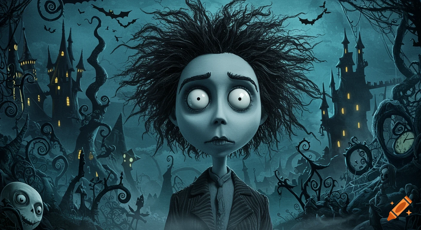 A stylized character with pale blue skin, large eyes, and messy black hair, in a dark gothic landscape with twisted trees and castles, in the style of Tim Burton.