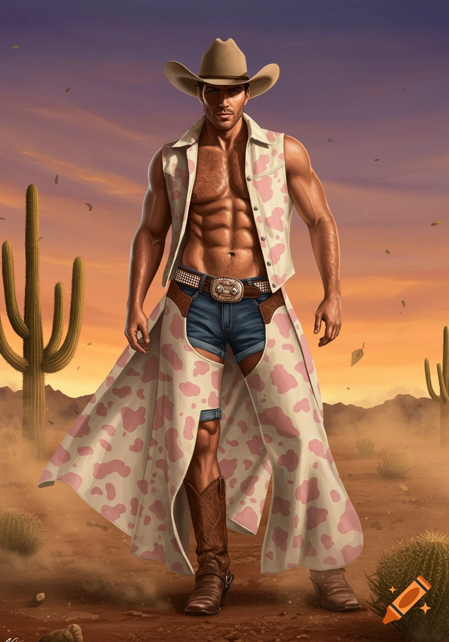 An illustration of a muscular cowboy in a pink-spotted vest and chaps, blue shorts, and a hat, standing in a desert at sunset.