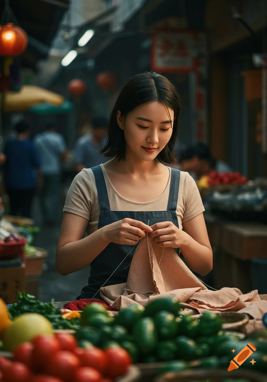 A young Chinese woman in an apron sews fabric at a bustling outdoor market, surrounded by colorful produce in a photorealistic style.