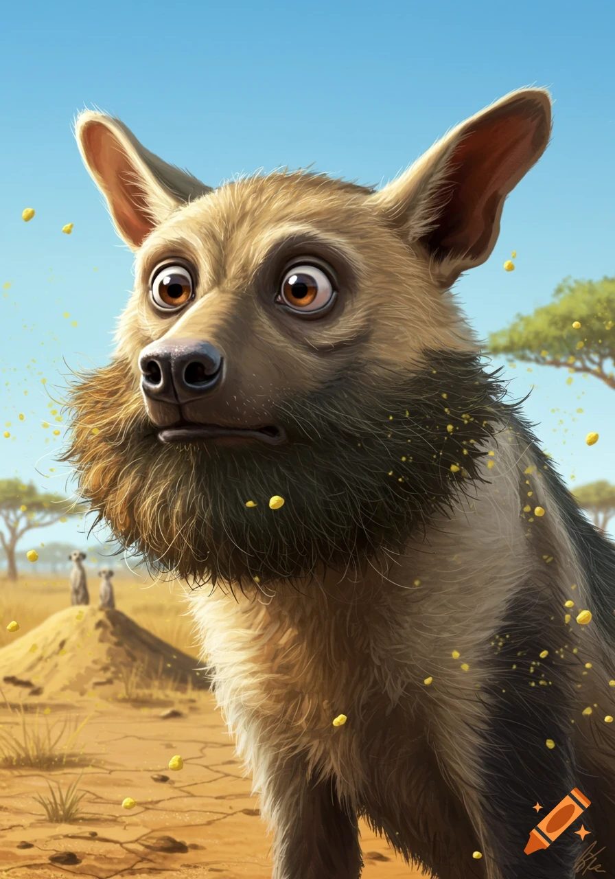 A cartoon aardwolf with a beard and wide eyes stands in a savanna, surrounded by yellow particles, with meerkats in the background.