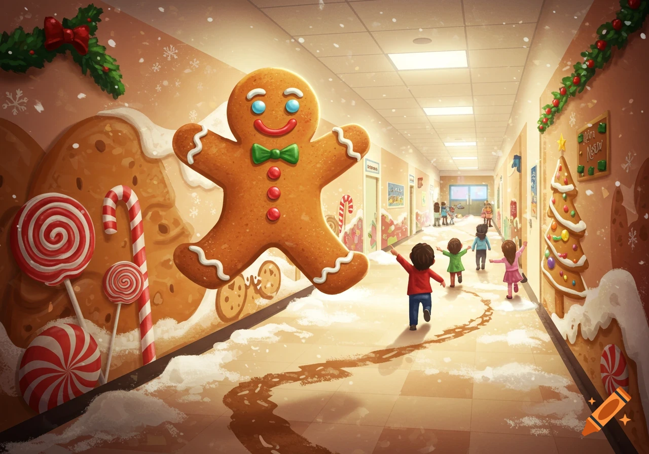 A giant gingerbread man floats in a snow-covered school hallway decorated for Christmas, as children run towards the light at the end.