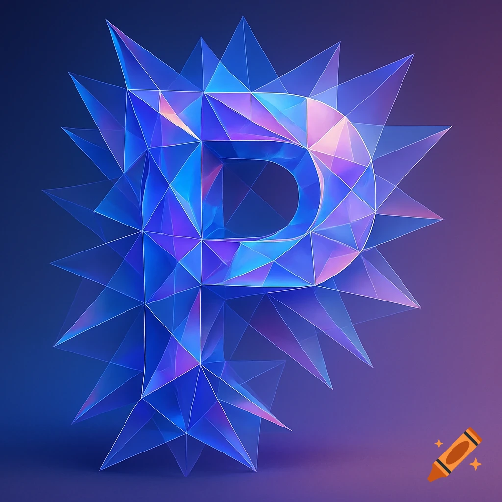 A faceted, crystalline letter 'P' made of blue and purple geometric shapes against a gradient background.