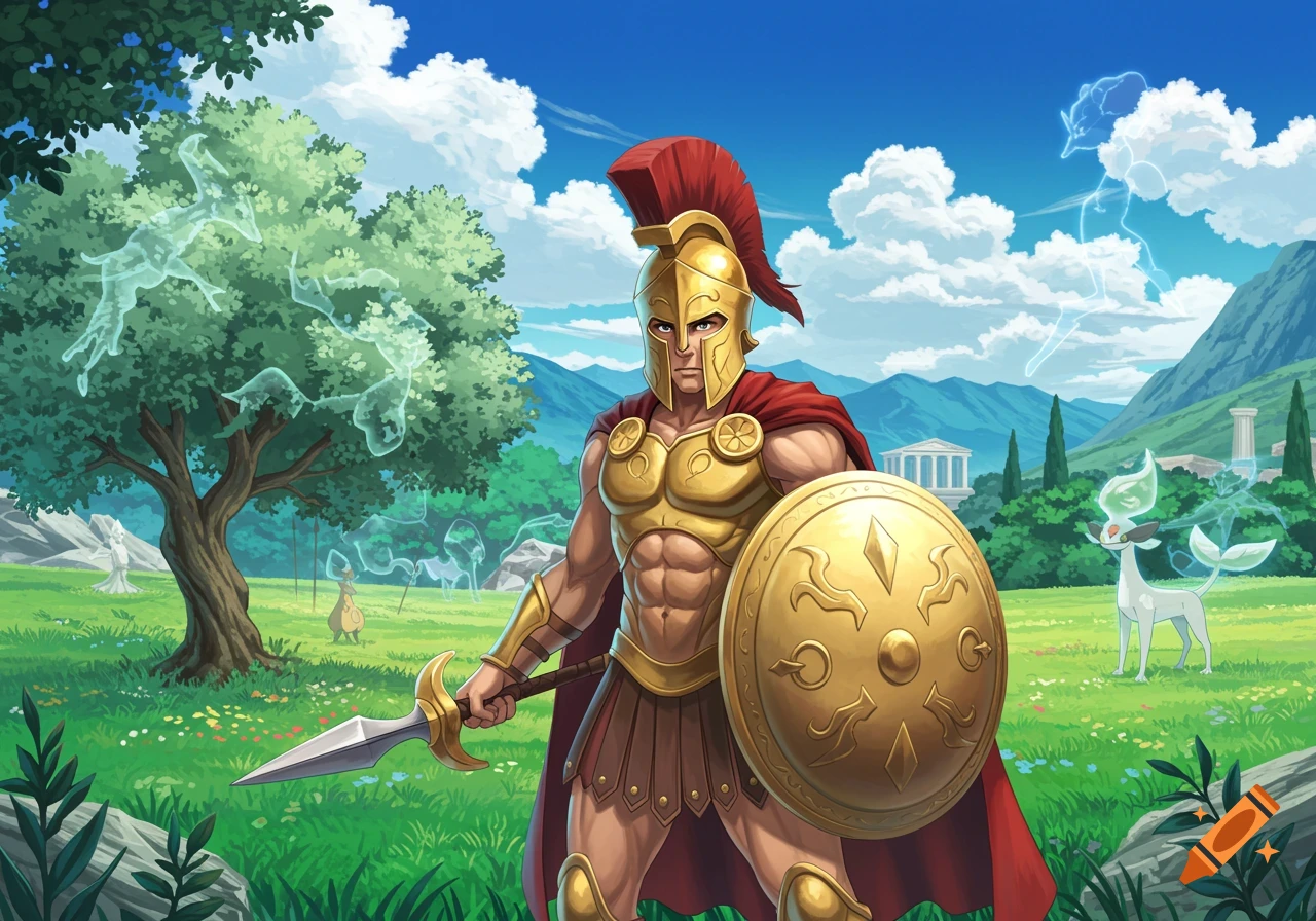 A Spartan warrior in golden armor with a red cape and shield stands in a lush green field with ethereal animal spirits, in a Pokémon anime style.