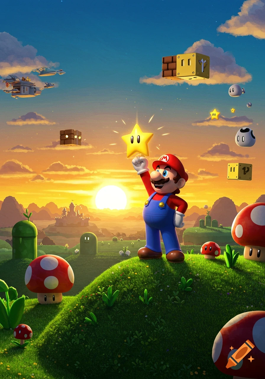Mario holds a shining star in a vibrant, fantastical landscape with a sunset, featuring elements from the Super Mario universe.