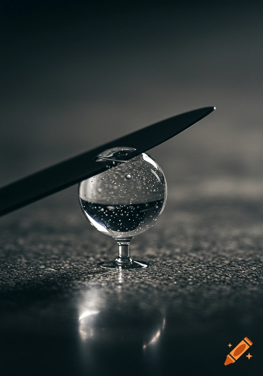 A sharp knife balances precariously on a clear, spherical glass filled with bubbly water, on a dark, speckled surface.