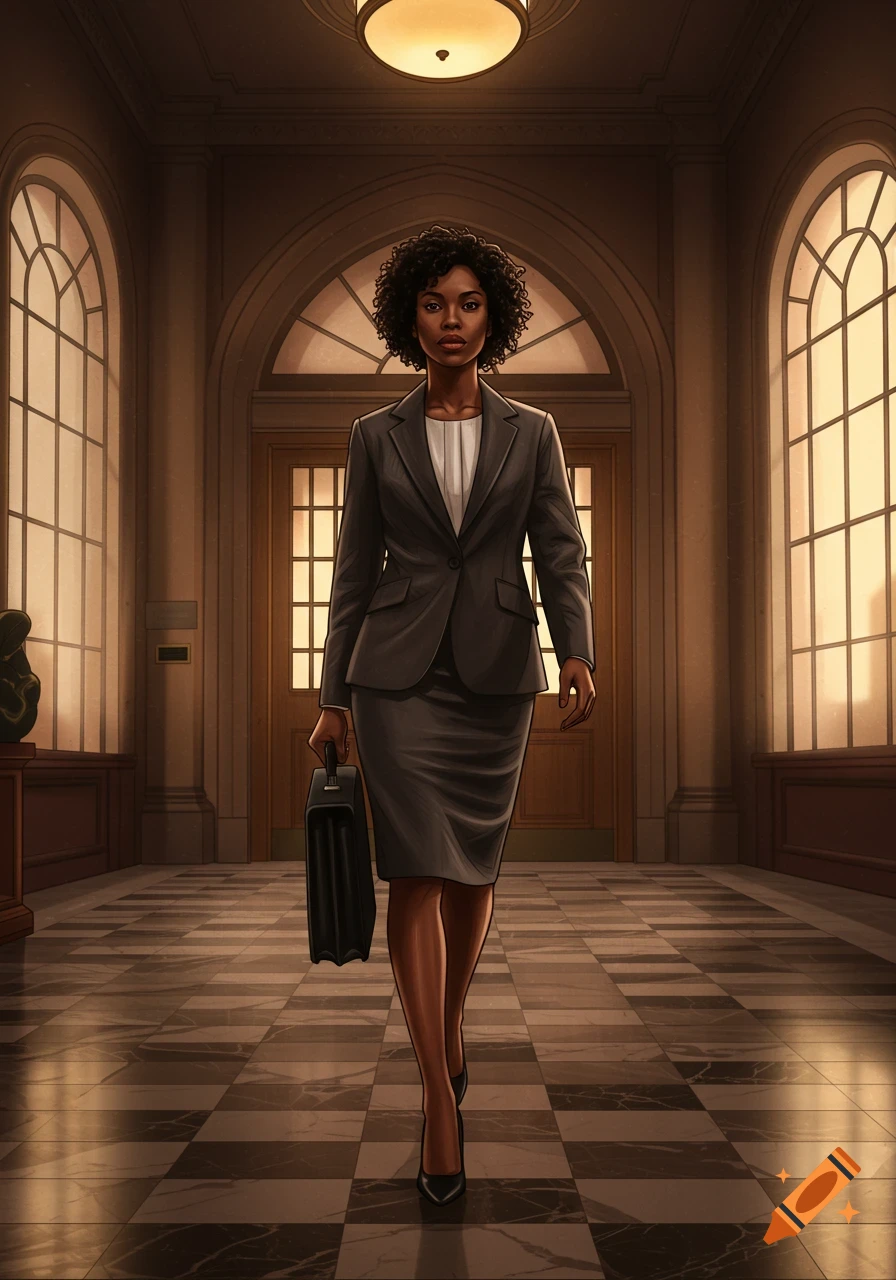 An African American woman attorney in a business suit walks down a grand hallway, holding a briefcase.