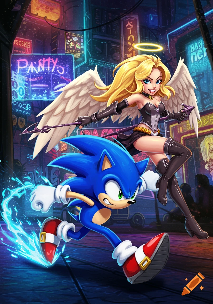Sonic the Hedgehog runs in the foreground, leaving a blue energy trail. Panty Anarchy, an angel-winged woman with blonde hair and a staff, stands behind him in a futuristic city with neon signs.