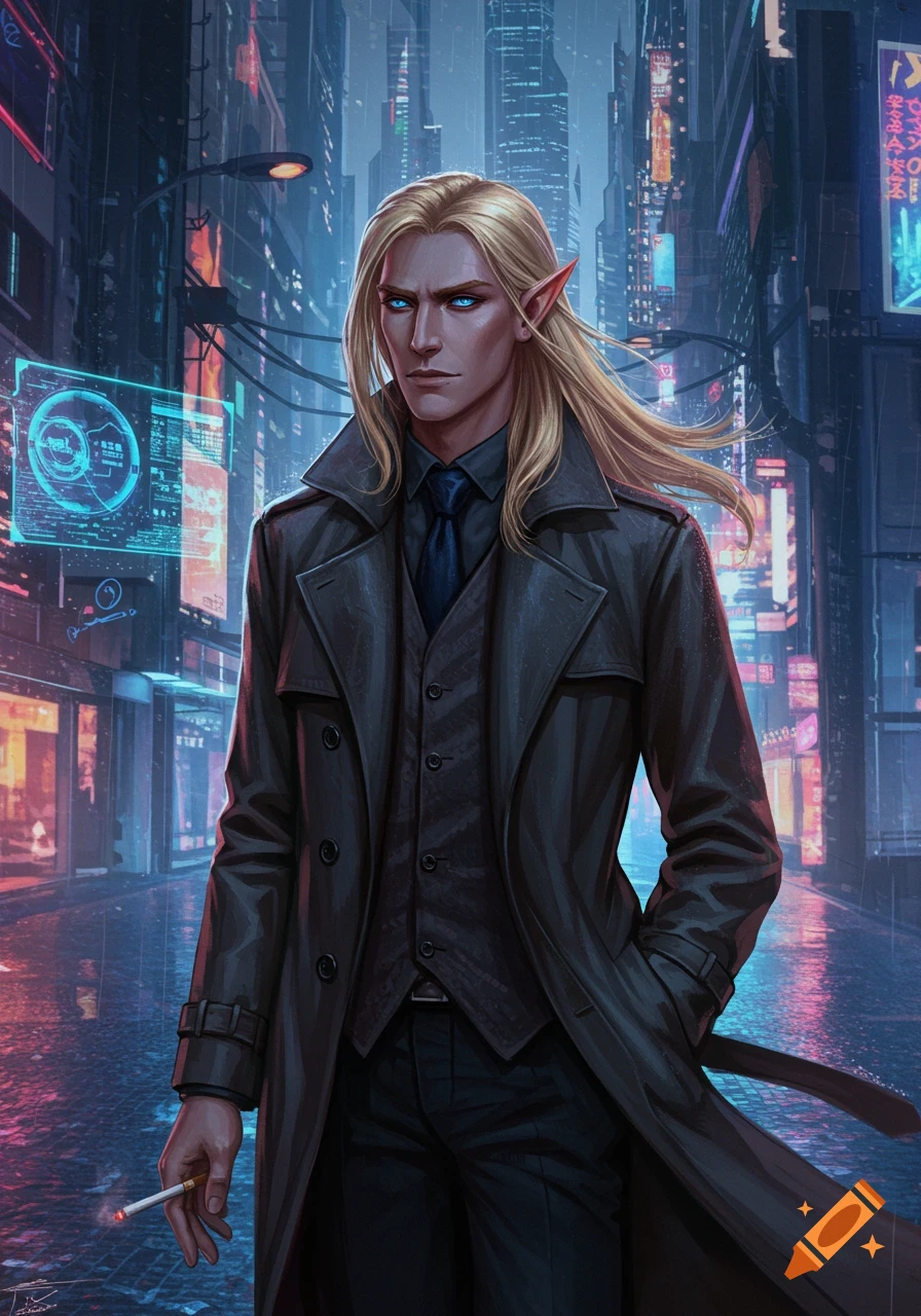 A blonde high elf male in a trench coat and suit holds a cigarette on a rainy, neon-lit cyberpunk city street.