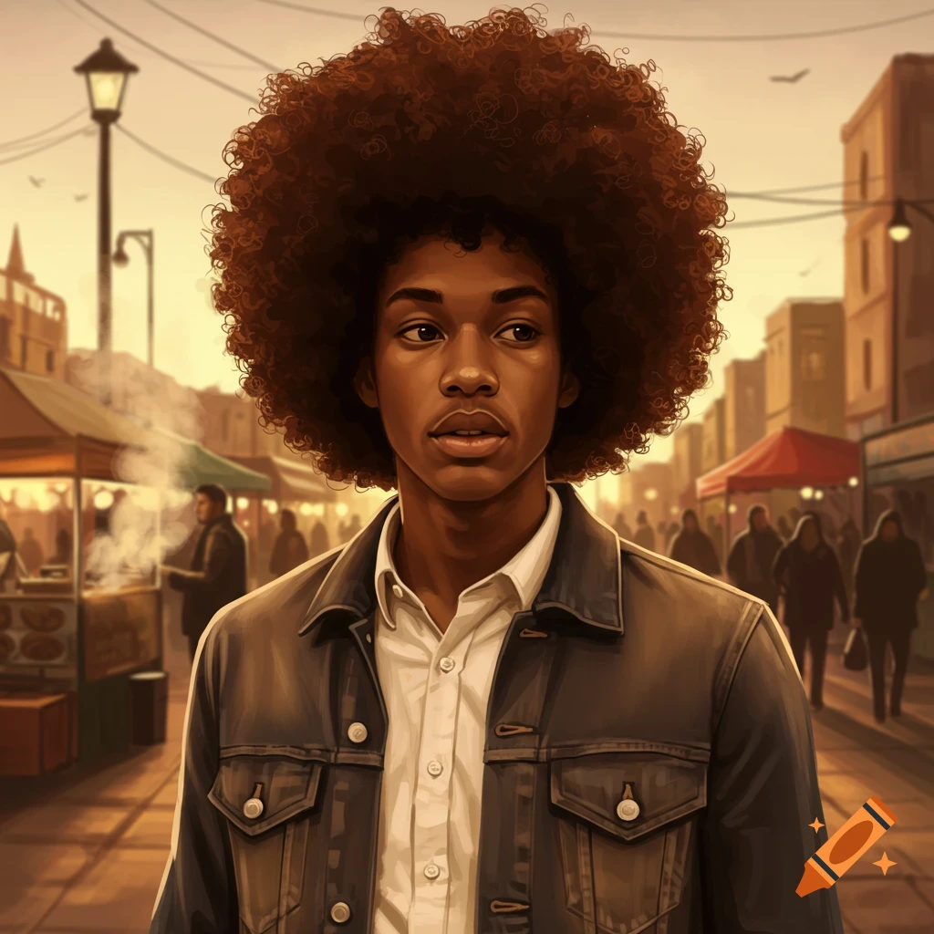 A young man with a large afro stands in a busy market street at sunset, looking to the side. The image has a painterly style.