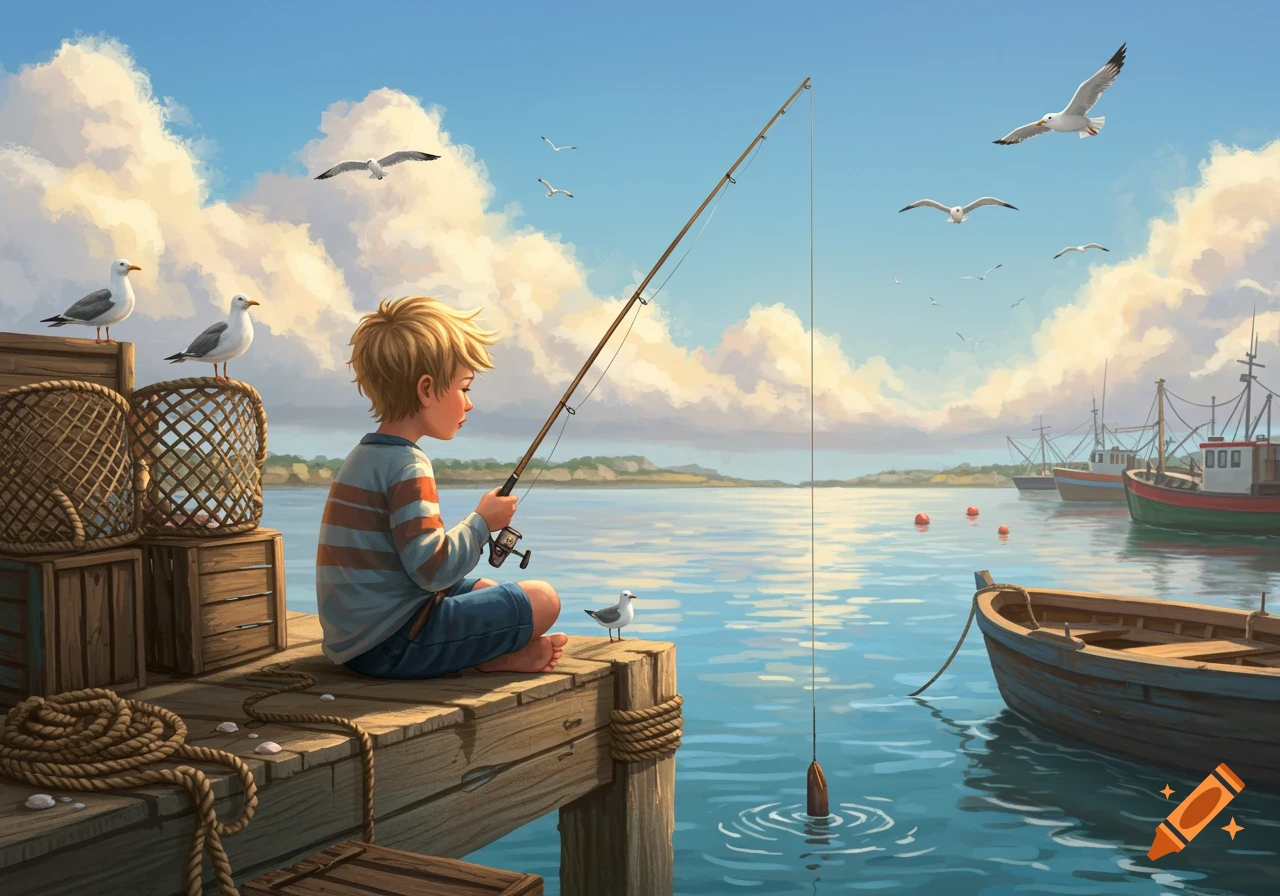 A young blonde boy sits on a wooden pier, fishing into a calm bay with distant boats and seagulls under a blue sky, in a painted style.