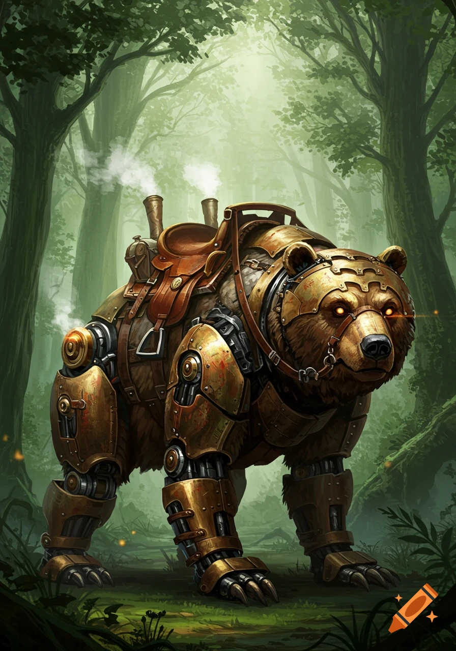 A steampunk mechanical bear with glowing eyes and a saddle stands in a misty forest.