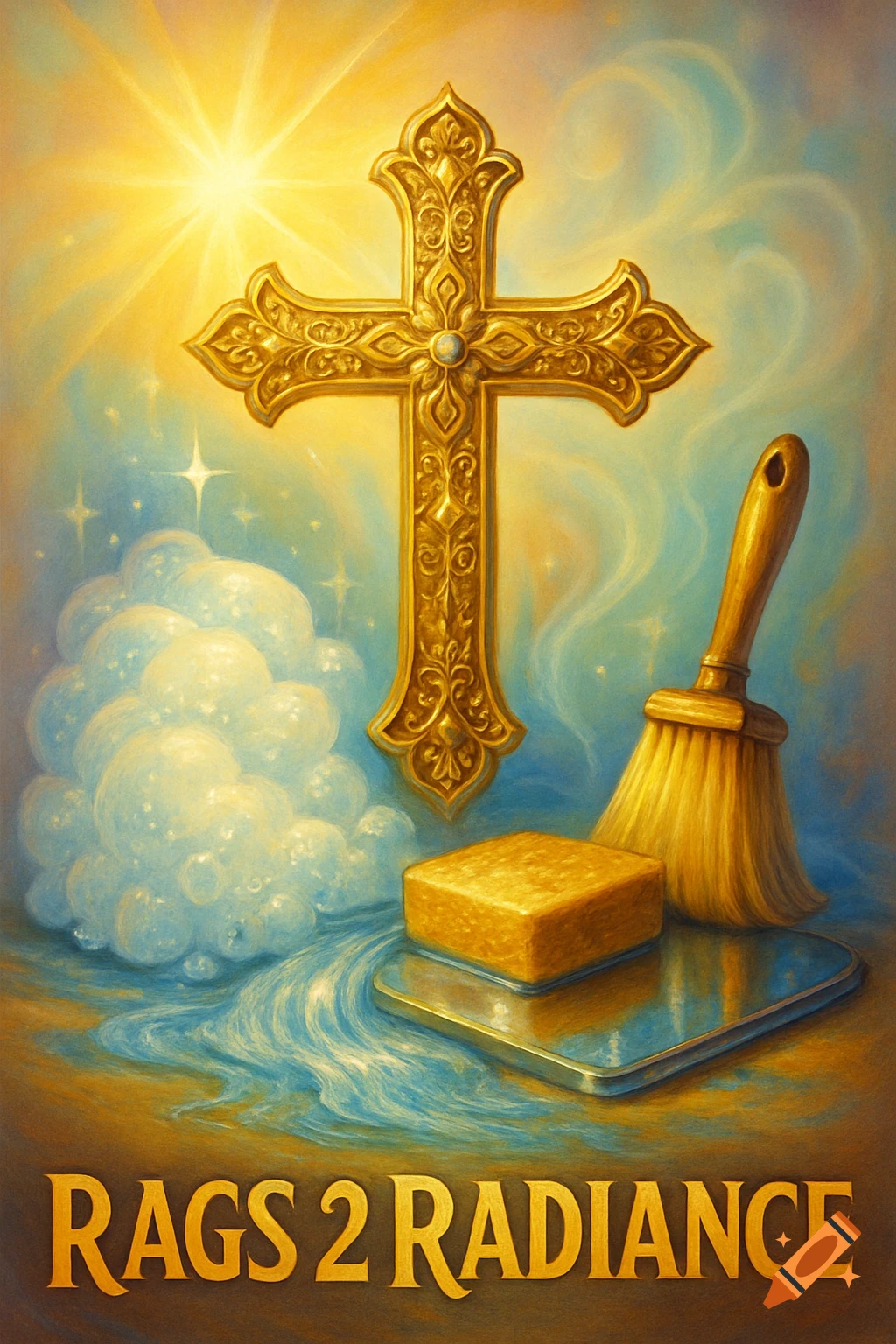 A radiant golden cross with intricate details, soap, a brush, and sudsy bubbles set against a bright, ethereal background, with 'RAGS 2 RADIANCE' at the bottom.