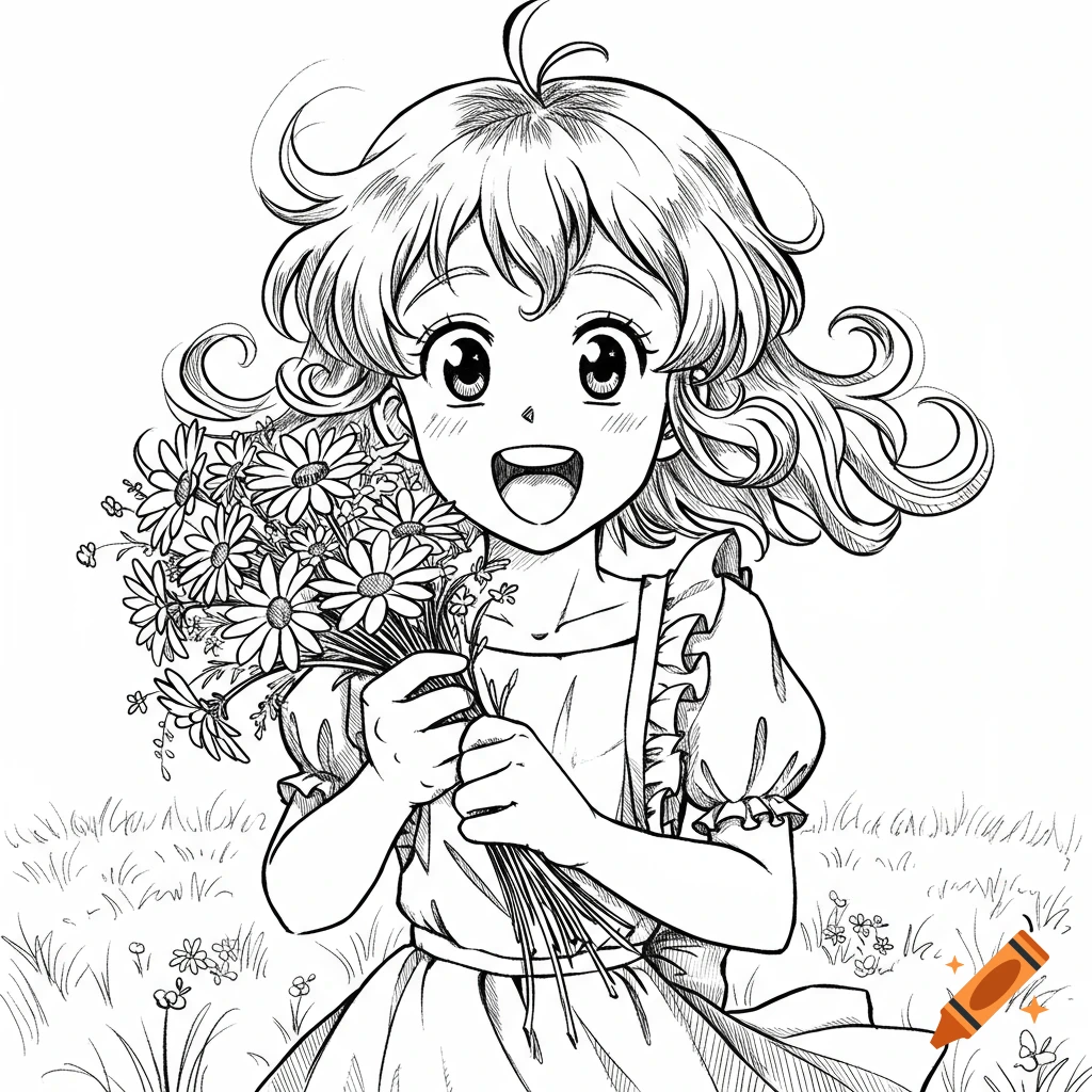 A happy anime-style sketch of a girl with curly hair holding a large bouquet of daisies in a grassy field.