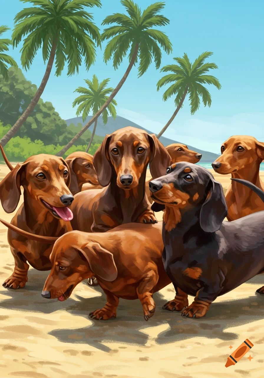 Several dachshund dogs on a sunny beach with palm trees and a bright blue sky.