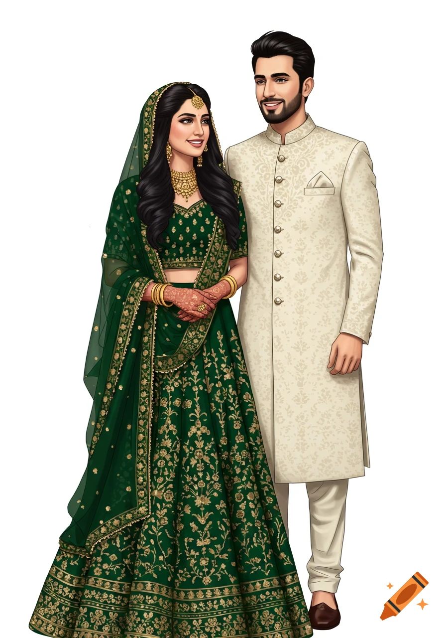 An illustrated Pakistani couple in traditional wedding attire, the woman in green and the man in white, standing and smiling.