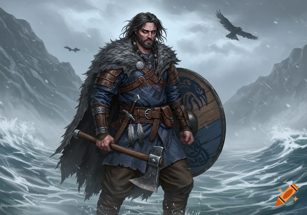 A rugged Viking warrior with long dark hair, wearing fur and leather armor, stands in stormy waters with an axe and shield.