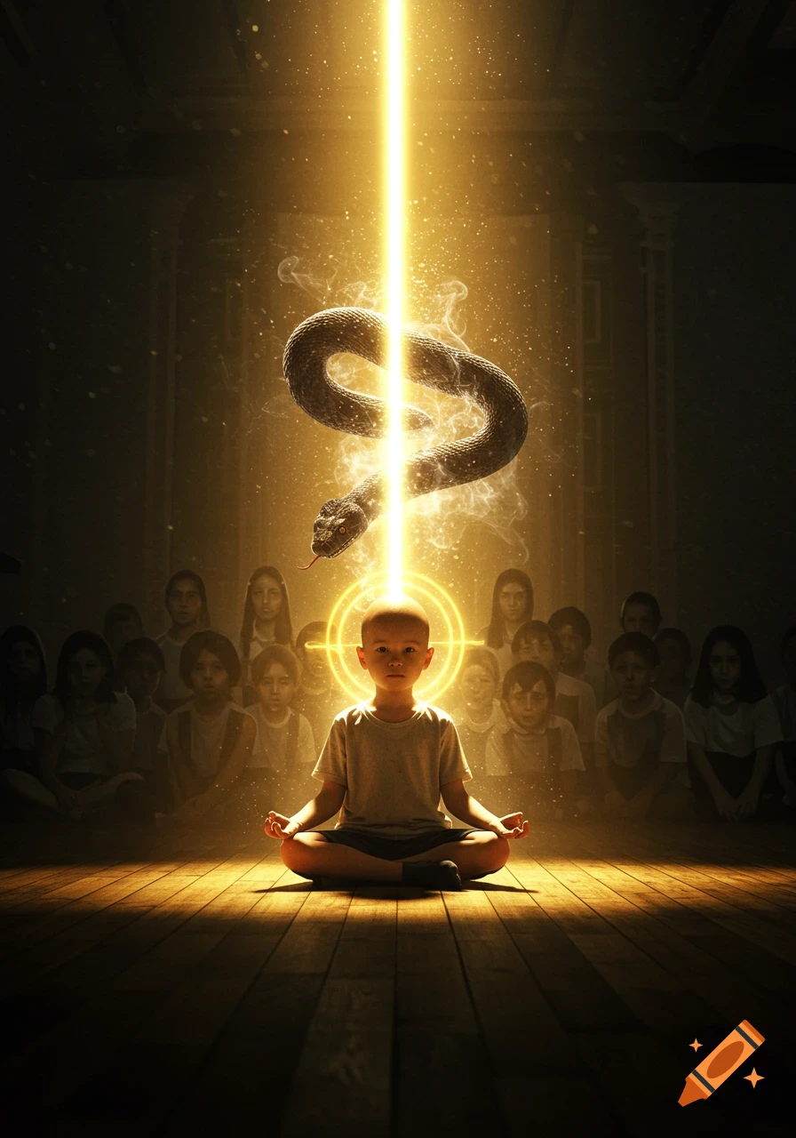A bald young child sits in lotus pose on a wooden floor, bathed in a golden light beam and glowing aura, with a large snake hovering above them. Other children sit in the dark background, looking on.