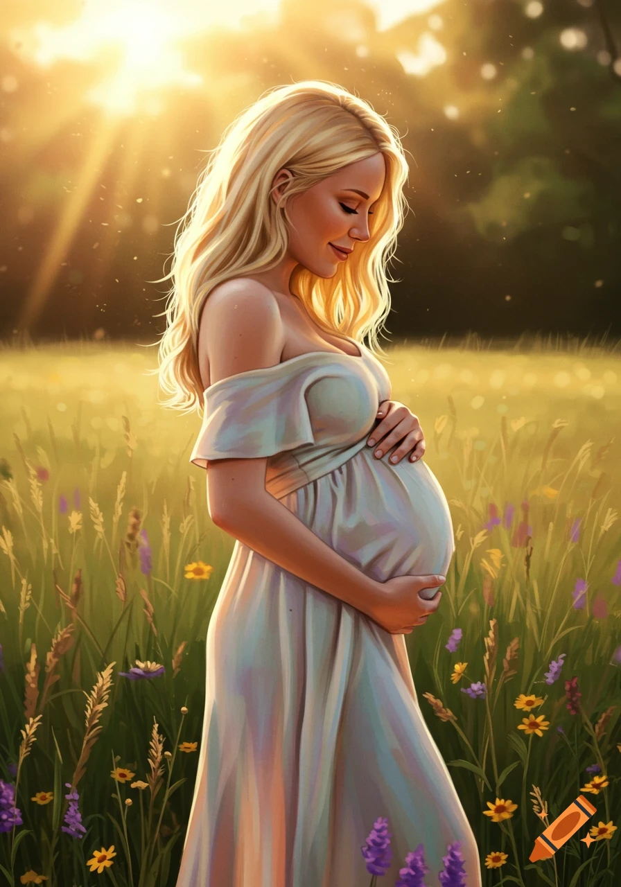 A beautiful pregnant blonde woman in a flowing dress stands in a sunny wildflower field, gently holding her belly in a painterly style.