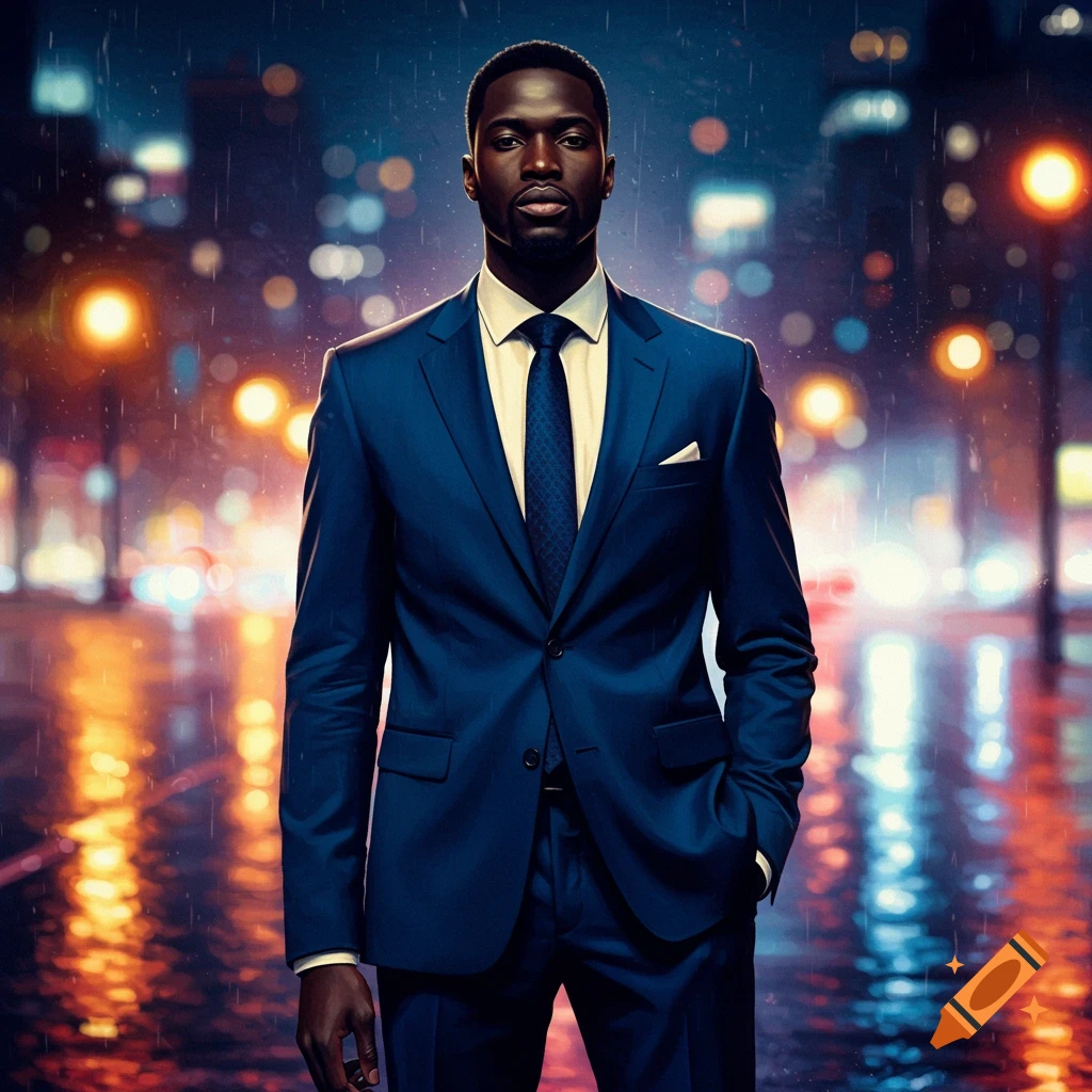 Photorealistic portrait of a man in a blue suit standing on a rainy city street at night with blurred lights.