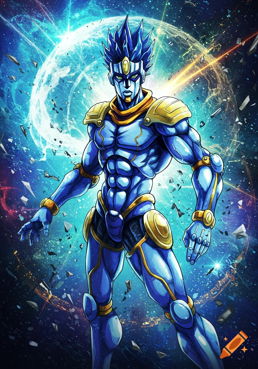 Blue muscular anime character with spiky hair and gold accents stands against an exploding blue energy background.