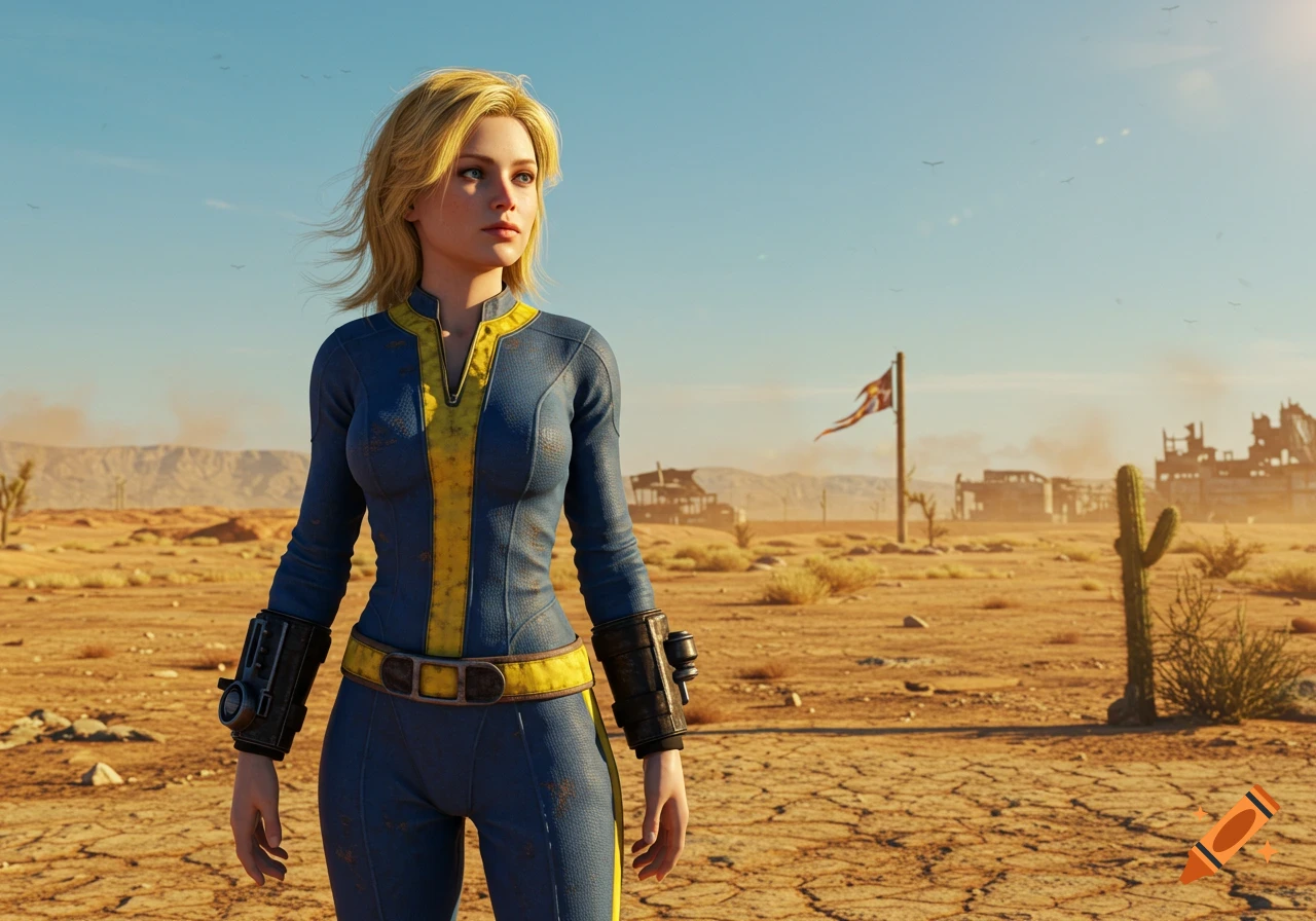 Photorealistic image of a blonde female vault dweller in a blue and yellow jumpsuit standing in a vast desert.