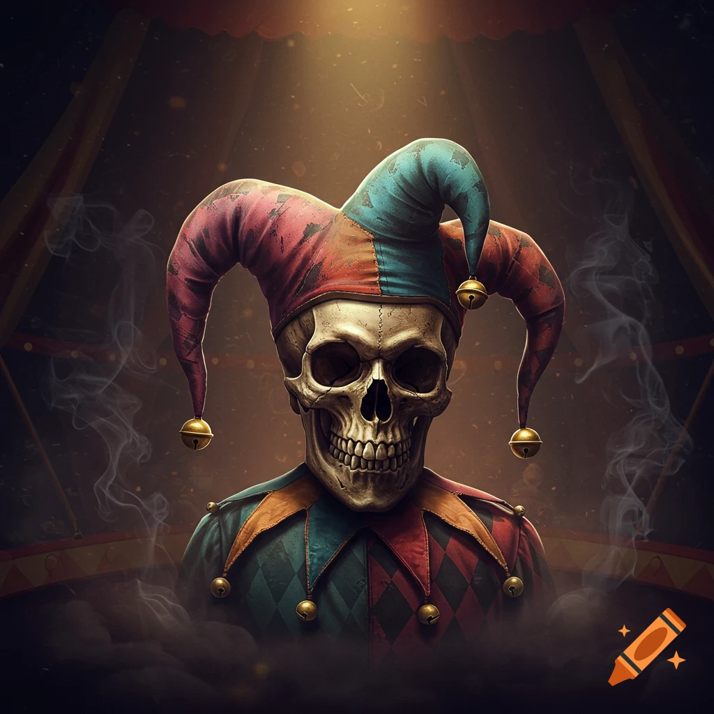 A stylized skull in a colorful jester hat and costume, lit by a spotlight in a dark circus tent.