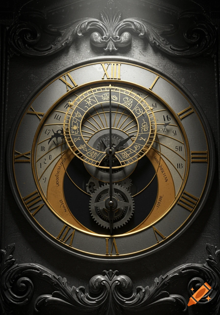 An ornate antique clock face with Roman numerals, intricate golden gears, and astrological symbols set against a dark, metallic background with decorative carvings.