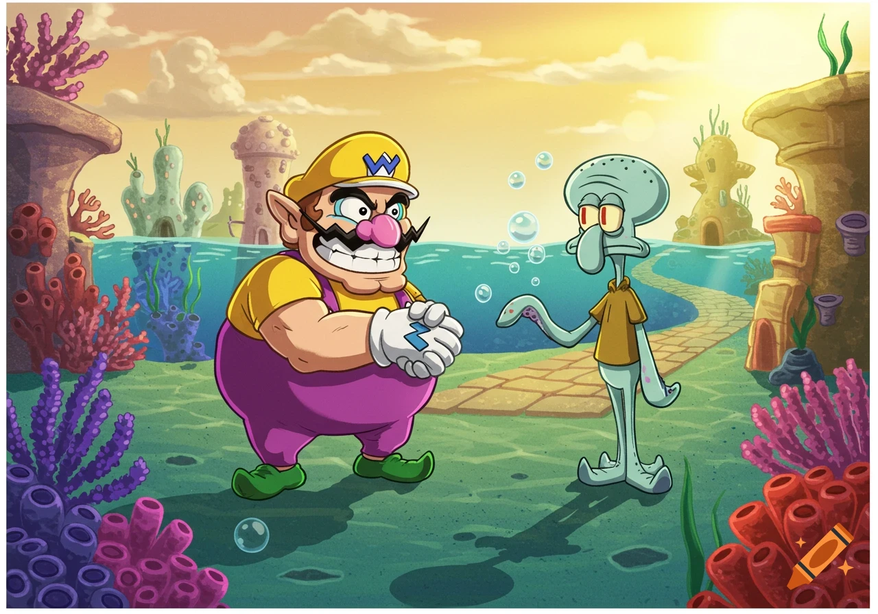 Cartoon illustration of Wario and Squidward standing on a stone path underwater with coral and structures in the background, Squidward blowing bubbles.