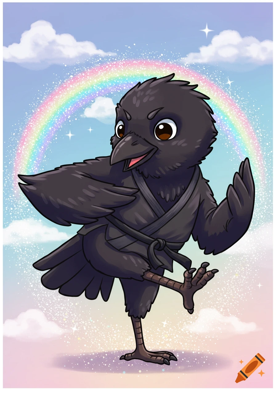 A cute cartoon raven in a black karate gi stands in a dynamic pose against a pastel sky with a rainbow and glitter.