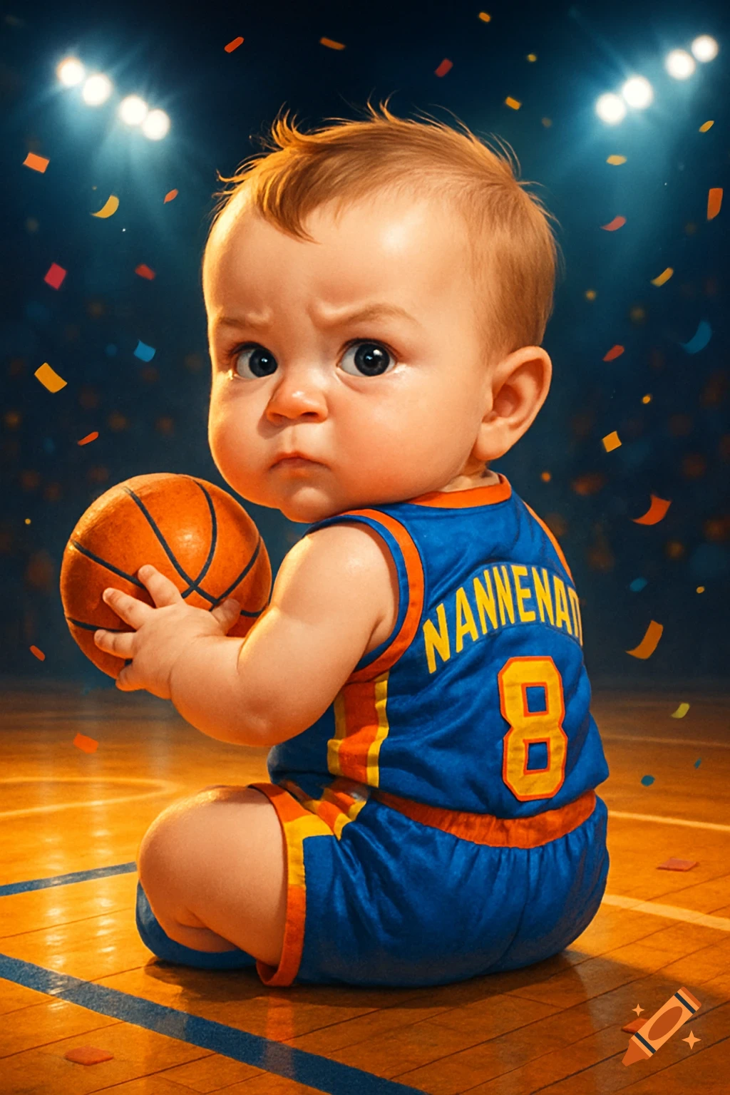 A cute baby in a blue and orange basketball uniform sits on a court holding a basketball, looking seriously at the camera, with confetti falling and stadium lights in the background.