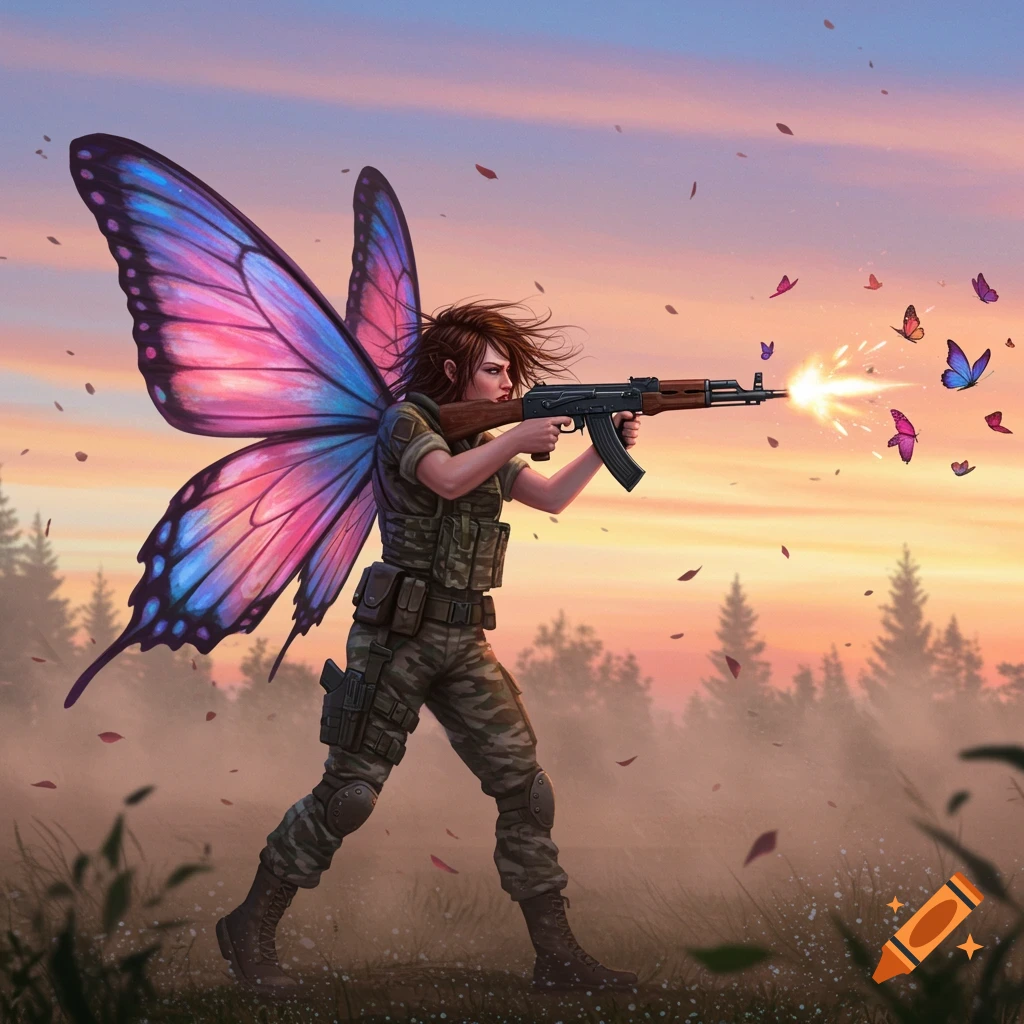 A winged female soldier in camouflage fires an AK-47, with butterflies emerging from the muzzle, in a forest at sunset.