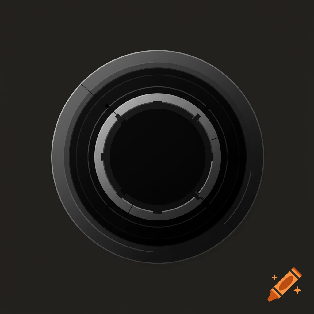 A dark, abstract circular design with concentric rings, resembling a futuristic object or symbol.