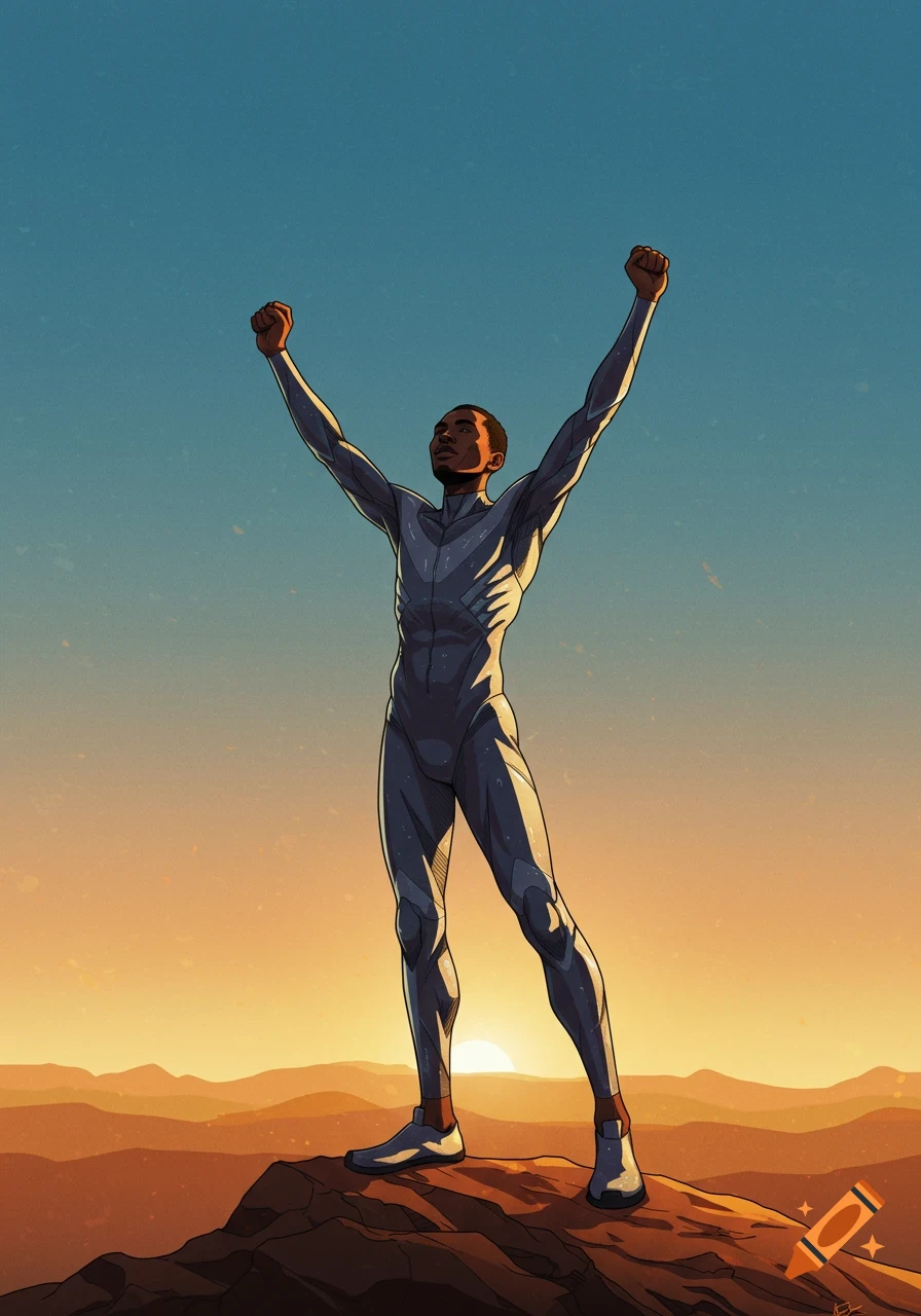 An illustrated man in a futuristic suit stands triumphantly on a mountain peak at sunset with his arms raised.
