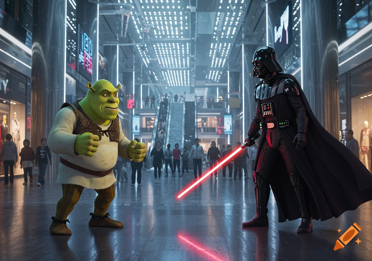 Shrek confronts Darth Vader holding a red lightsaber in a futuristic mall, surrounded by shoppers.