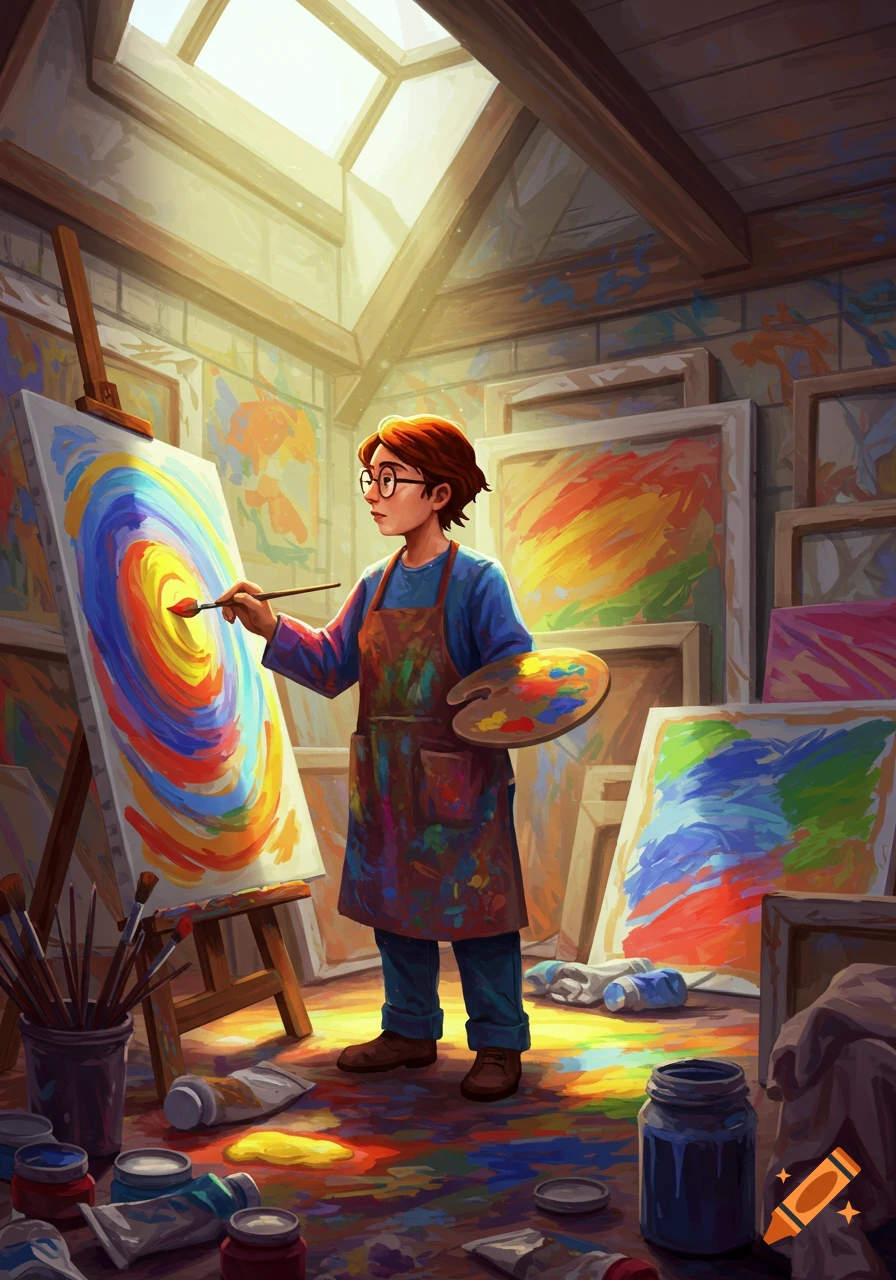 A young artist with glasses paints a vibrant spiral on an easel in a sunlit art studio filled with paintings and supplies.