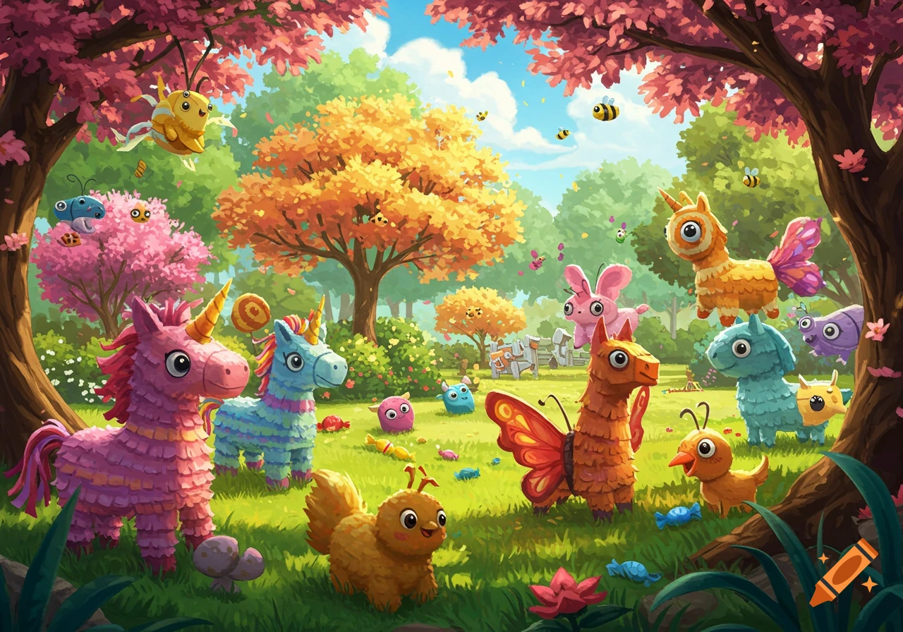Colorful cartoon pi ata animals including llamas, unicorns, and bunnies in a vibrant, whimsical landscape with pink and orange trees.
