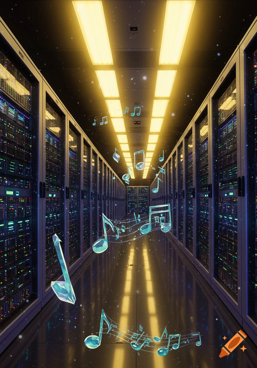 A long hallway in a server room with bright yellow lights and rows of server racks, with glowing blue musical notes floating through the air.