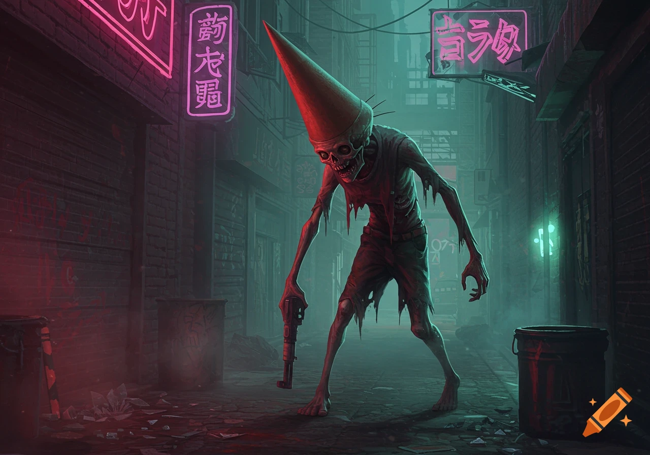 A skeletal zombie-like creature with a pointed red hat stands in a dark, neon-lit cyberpunk alley, holding a pipe weapon.