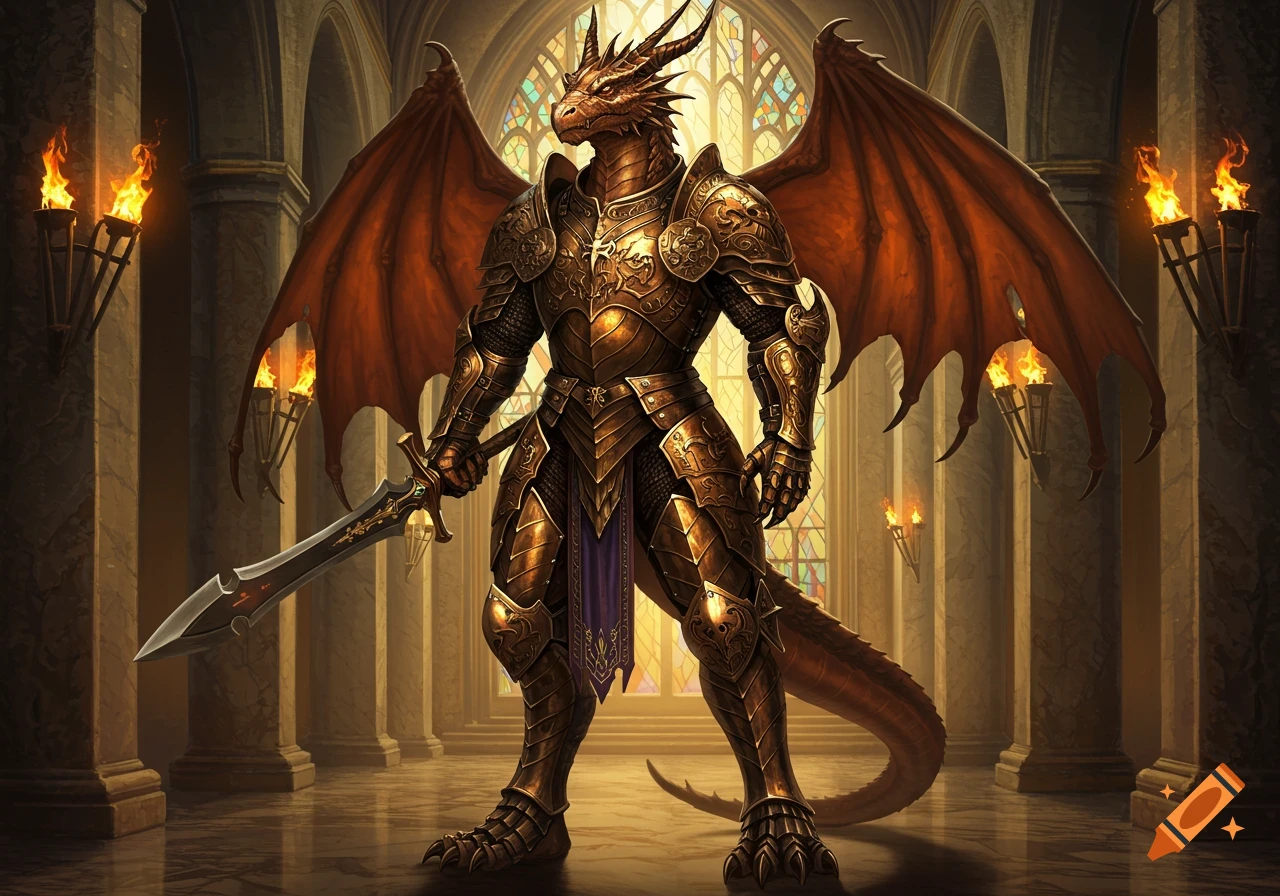 A bronze dragonborn knight in ornate armor stands in a grand hall holding a sword, with stained glass windows behind him.