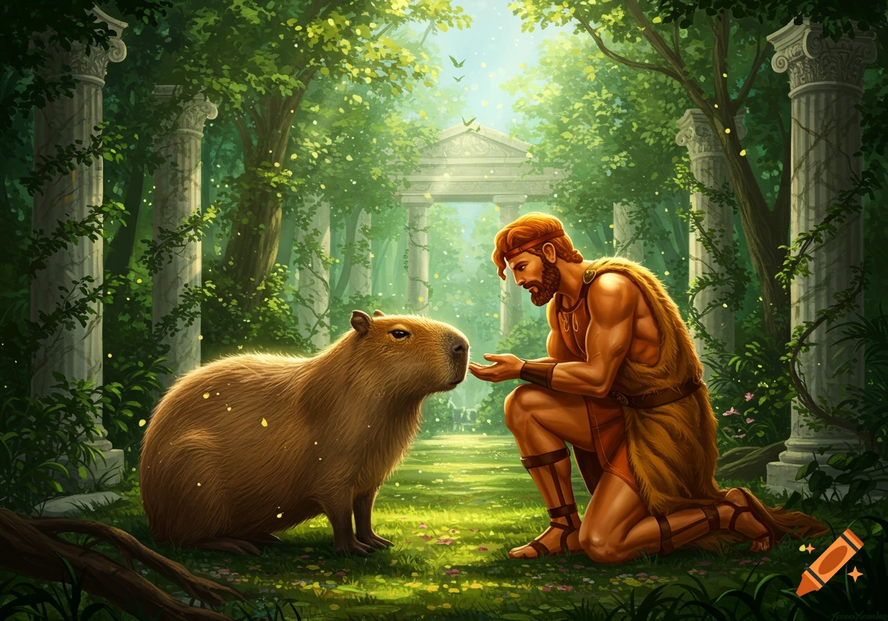 Hercules kneels before a capybara in a lush, sun-dappled forest with ancient stone ruins.