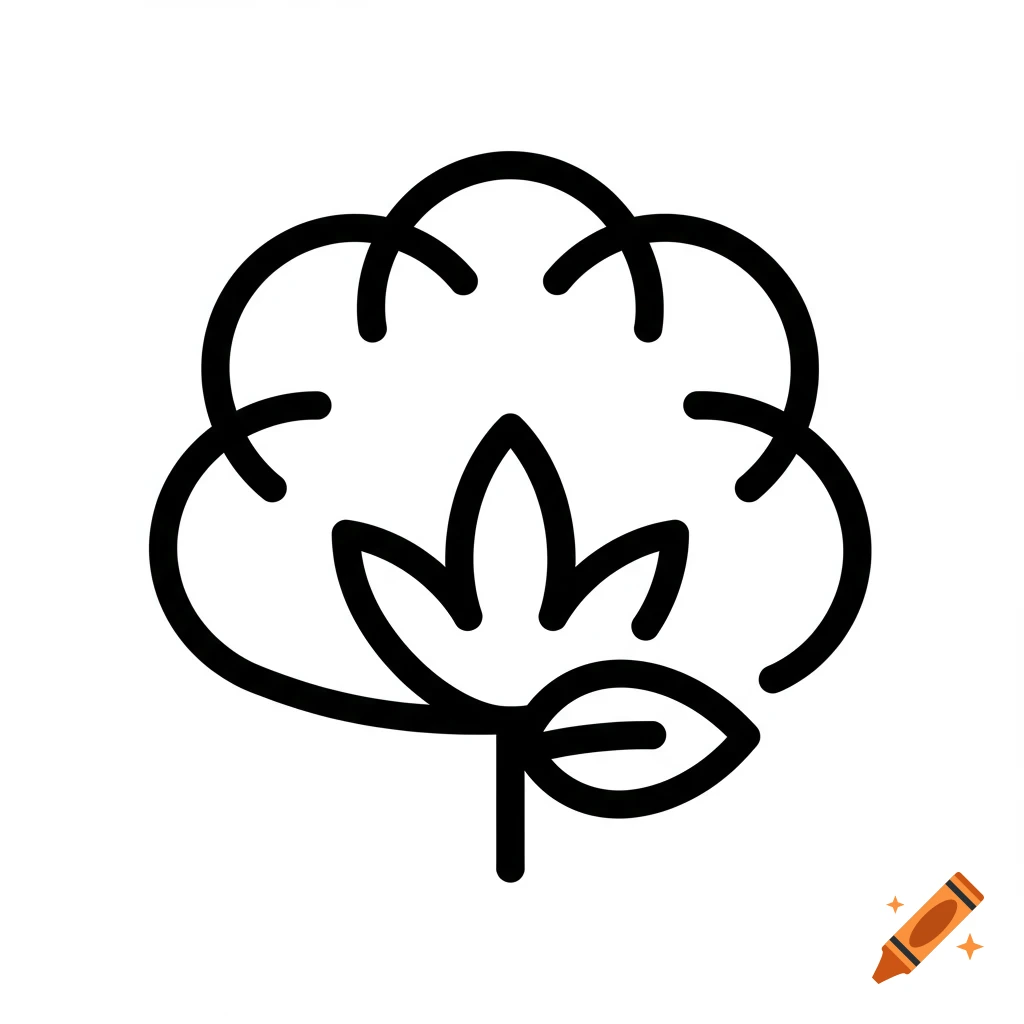 Black and white outline icon of a cotton plant.