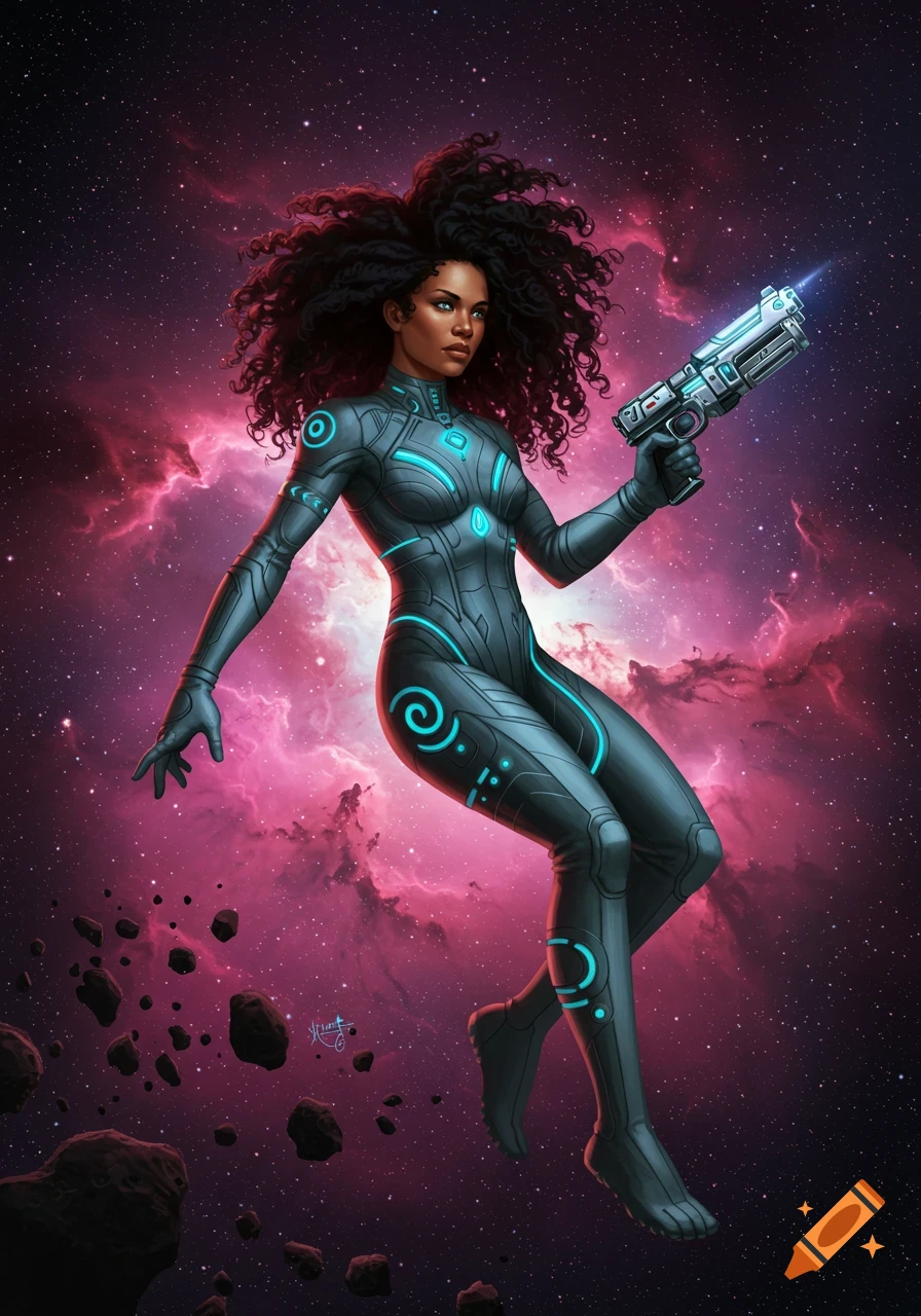 A Black woman with curly hair in a futuristic suit, holding a glowing gun, floats amidst stars and a pink nebula, with asteroids below.