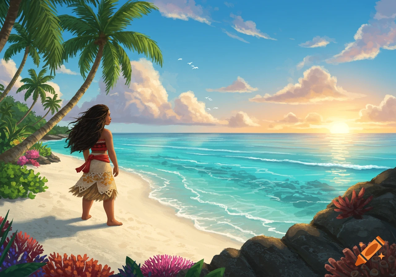 Animated scene of a young woman resembling Moana standing on a tropical beach at sunset, looking out at the ocean.