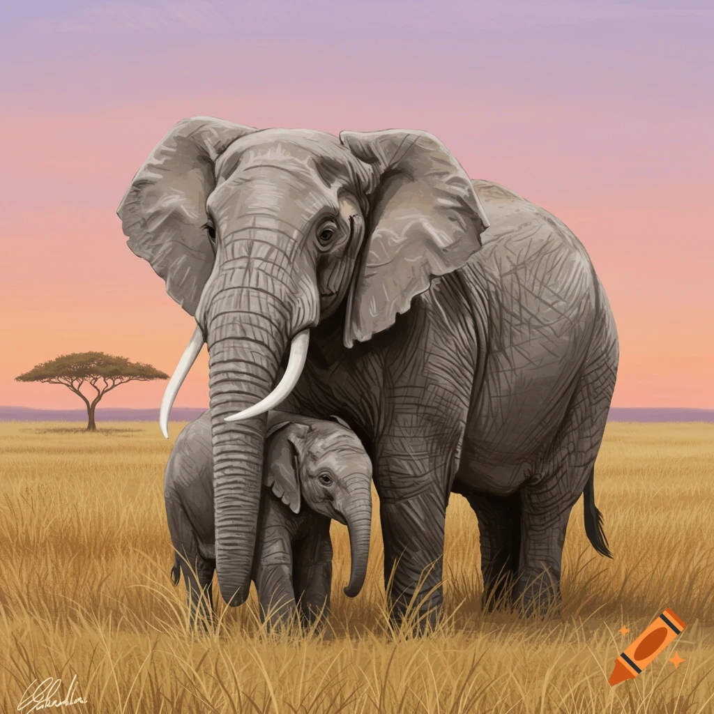 Digital painting of an adult elephant and a baby elephant standing in a grassy savanna under a sunset sky.