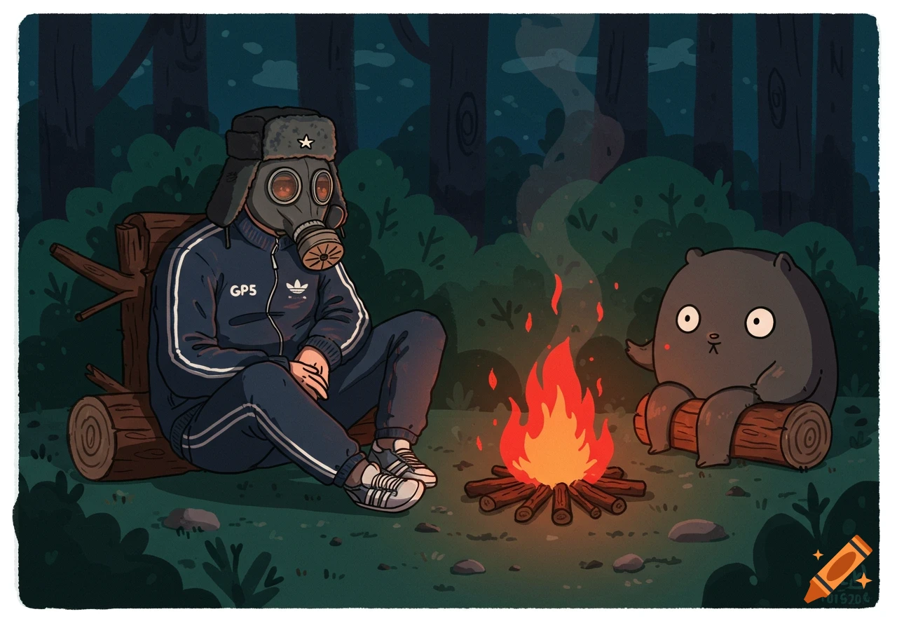 Cartoon of a person in a gas mask and tracksuit with a creature by a campfire in a dark forest.