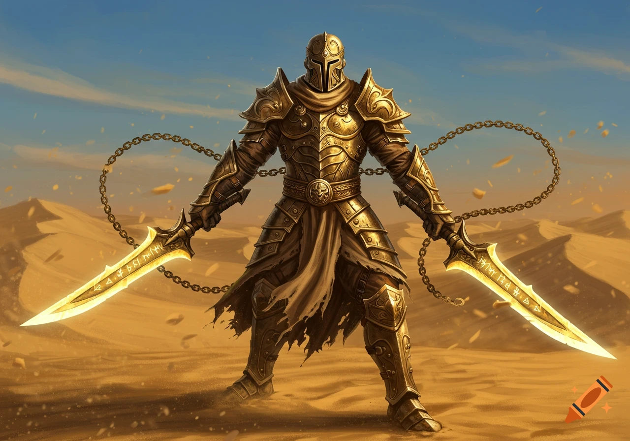 A heavily armored golden warrior stands in a desert, wielding two glowing runic swords attached by chains.