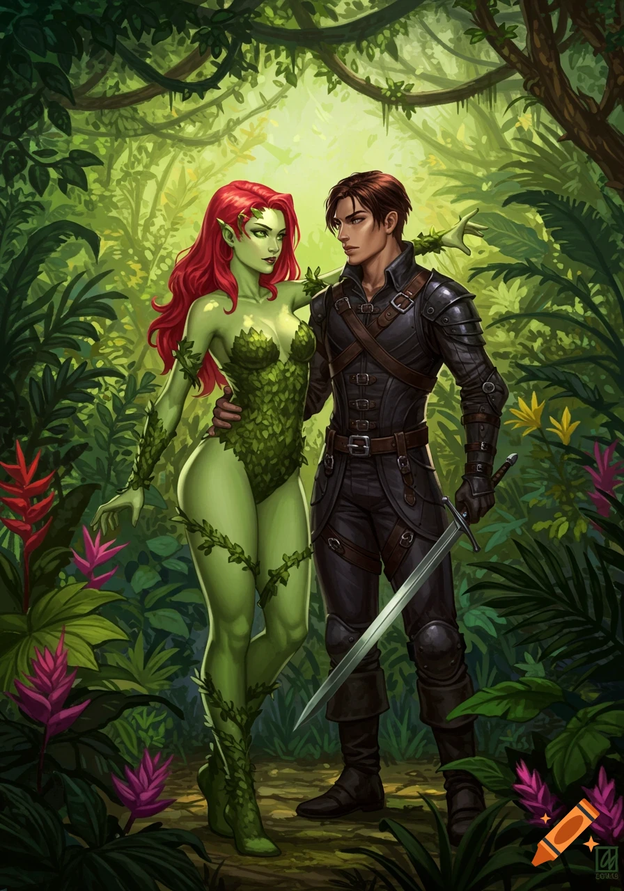 Poison Ivy in a leaf leotard stands with a sword-wielding mercenary in a lush jungle, comic art style.