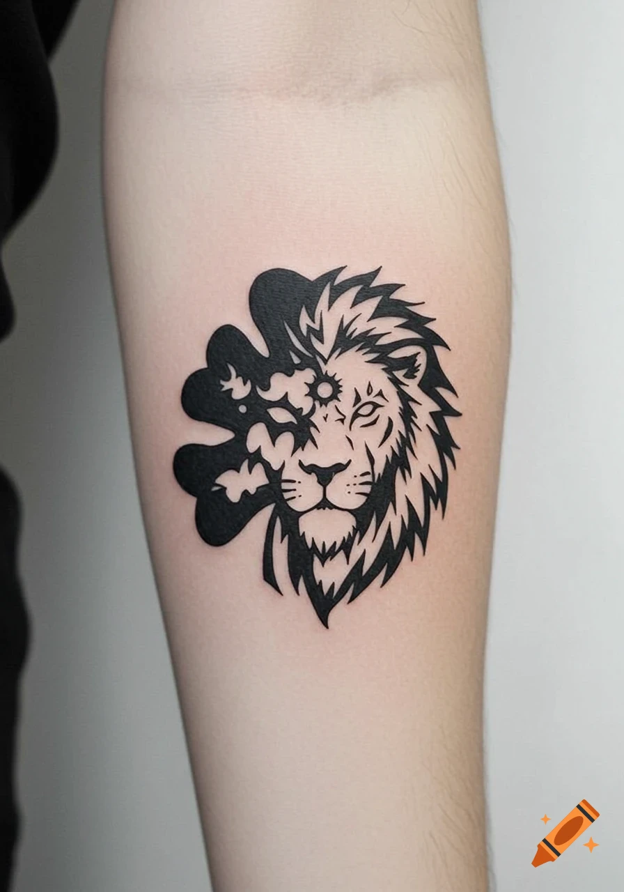 A black tattoo featuring a lion's head combined with a five-leaf clover design on a person's forearm.