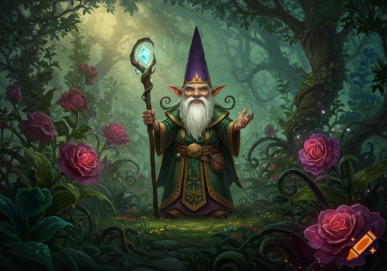 A detailed illustration of a gnome wizard with a long white beard, purple hat, and green robe, holding a glowing staff in a magical forest with large roses.