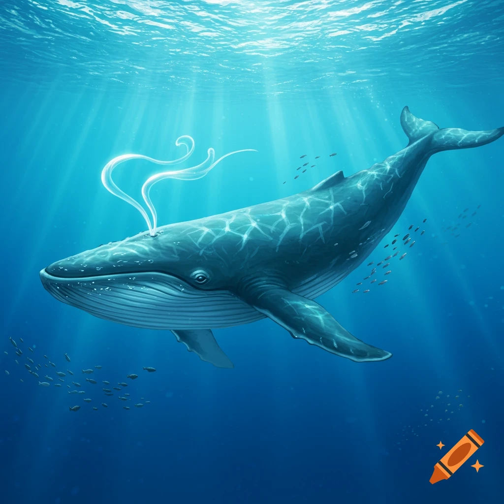 A majestic blue whale swims underwater in bright sunlit ocean, spouting a heart-shaped stream of water from its blowhole.